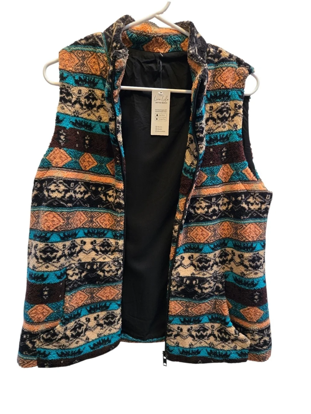Women's Patterned Zip Fleece Vest - Teal & Brown SZ L